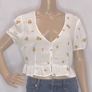 FLORAL BUTTON DOWN RUFFLE PEPLUM CROP TOP SHIRT